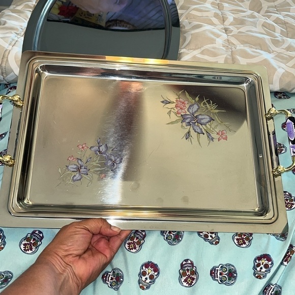 Vintage Stainless Tray w/Flowers Silver Italian Serving Tray Silver Floral Tray - Picture 2 of 6